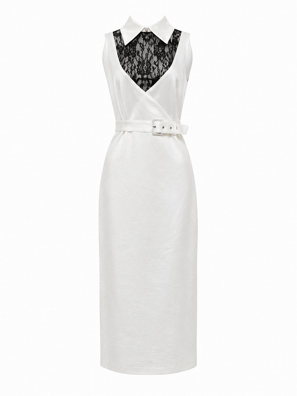 【新品DRESS 1919】襟付きバイカラーデコルテレースタイトミディアムドレス ホワイト【KAREN MILLEN】